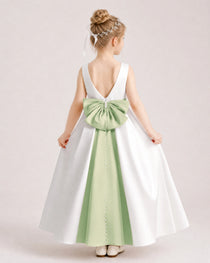 Sage Green Satin Flower Girl Dress Back View