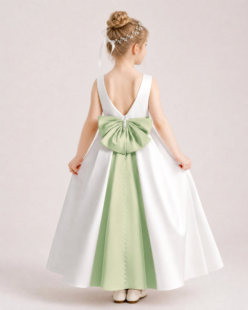 Sage Green Satin A-line Flower Girl Dress Back View