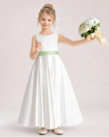 Sage Green Satin Flower Girl Dress Front View