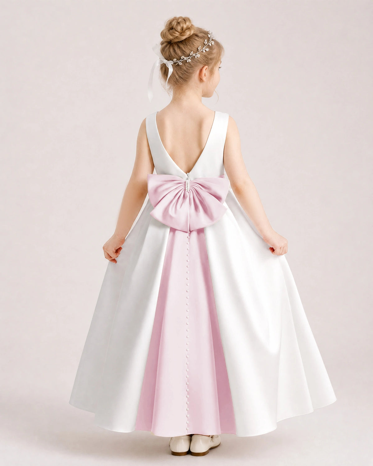Pink Satin A-line Flower Girl Dress Back View