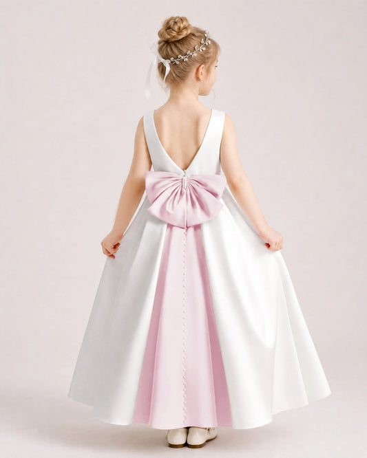 Pink Satin A-line Flower Girl Dress Back View