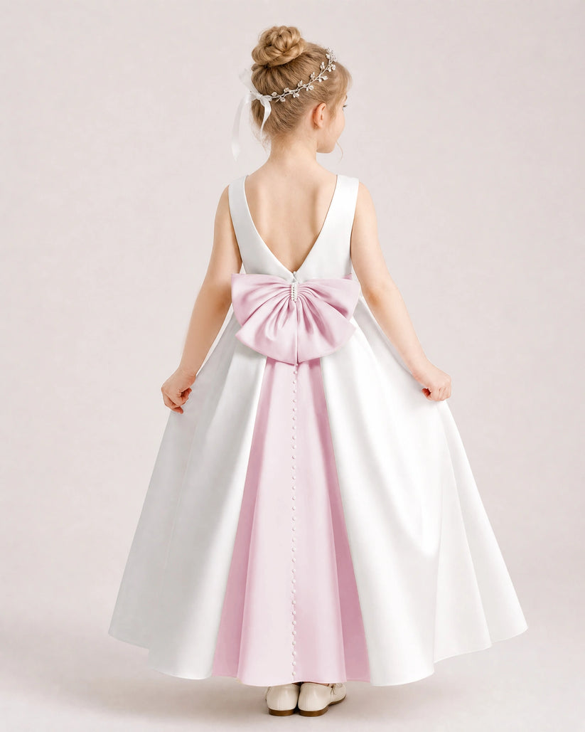 Pink Satin A-line Flower Girl Dress Back View