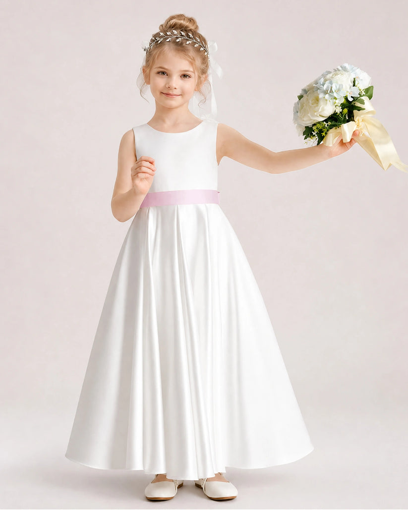Pink Satin Flower Girl Dress Front View