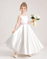 Pink Satin A-line Flower Girl Dress Front View