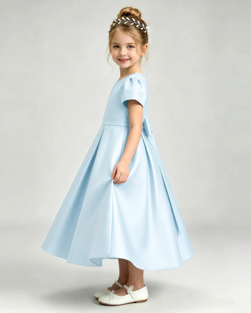 Baby Blue Satin A-line Flower Girl Dress Side View