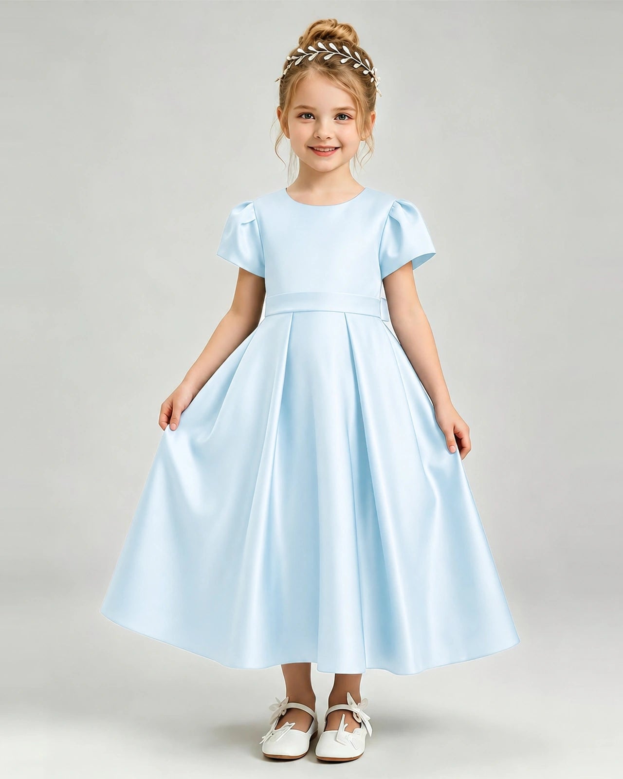 Baby Blue Flower Girl Dress Puff Sleeve Satin Bow A-Line Midi Gown Front View