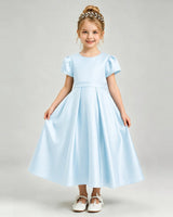 Baby Blue Satin A-line Flower Girl Dress Front View