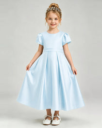 Baby Blue Flower Girl Dress Puff Sleeve Satin Bow A-Line Midi Gown Front View