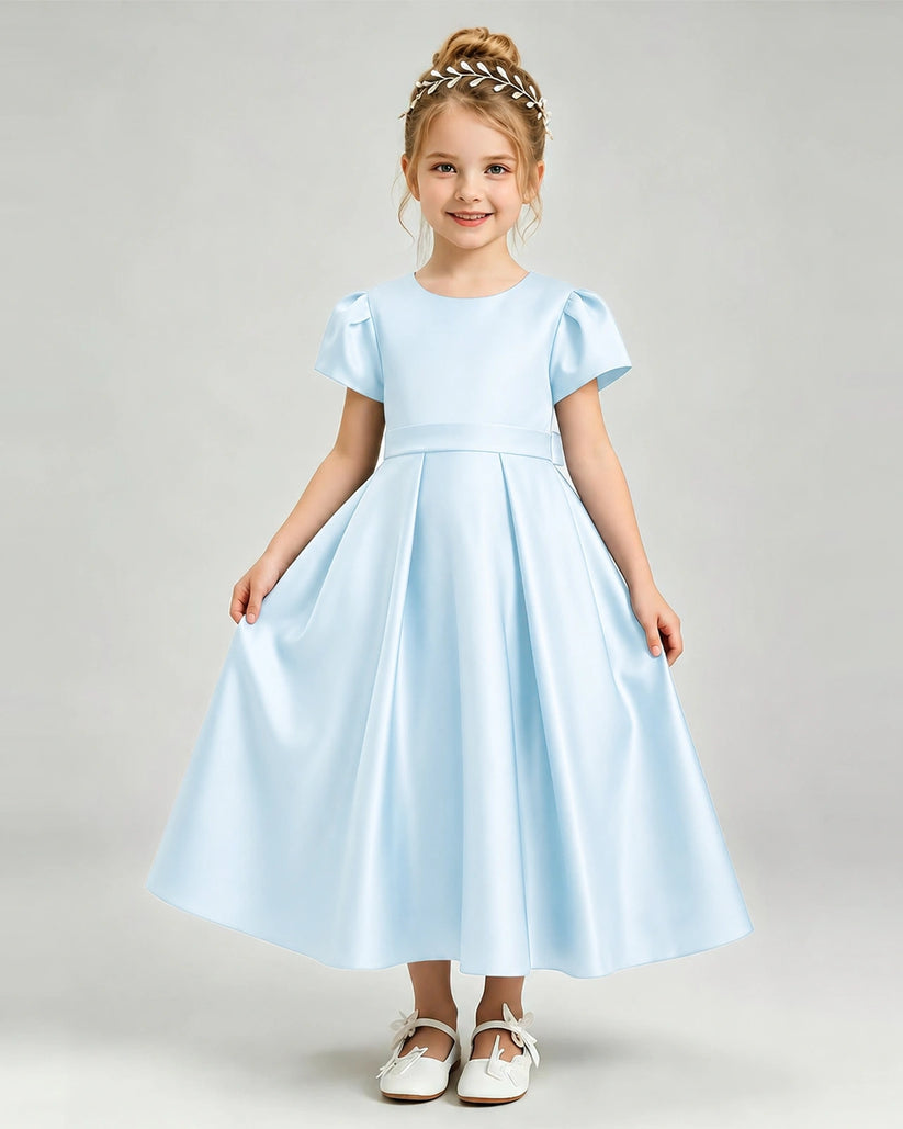 Baby Blue Satin A-line Flower Girl Dress Front View