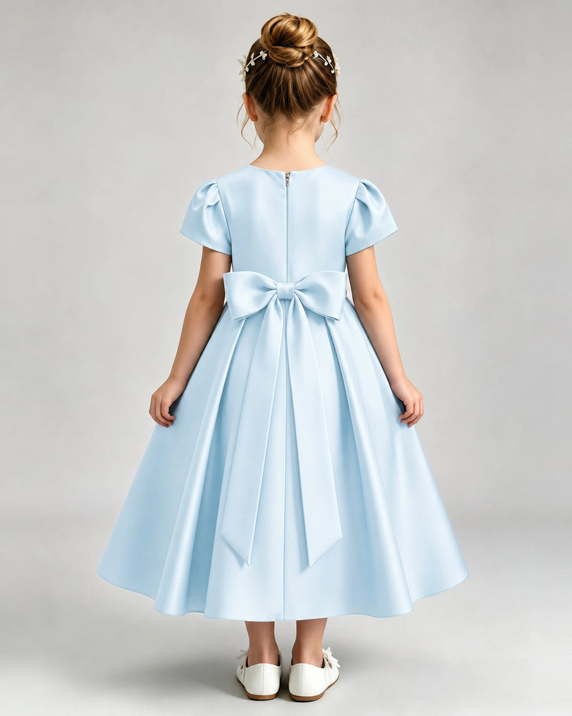 Baby Blue Satin A-line Flower Girl Dress Back View