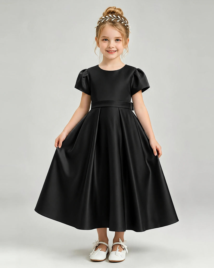 Black Satin A-line Flower Girl Dress Front View