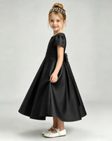 Black Satin A-line Flower Girl Dress Side View