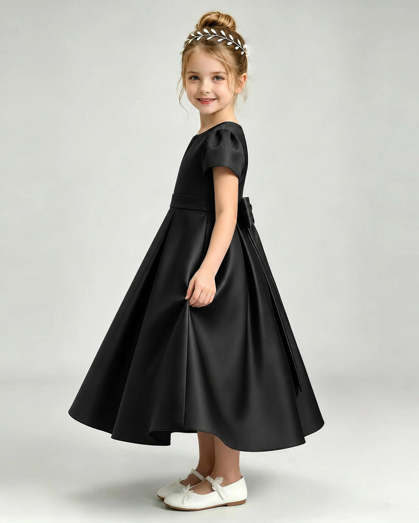 Black Satin A-line Flower Girl Dress Side View