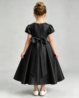 Black Satin A-line Flower Girl Dress Back View