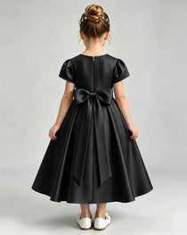 Black Flower Girl Dress Puff Sleeve Satin Bow A-Line Midi Gown Back View