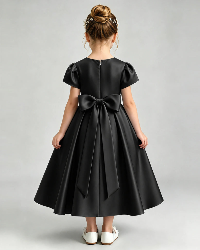 Black Satin A-line Flower Girl Dress Back View