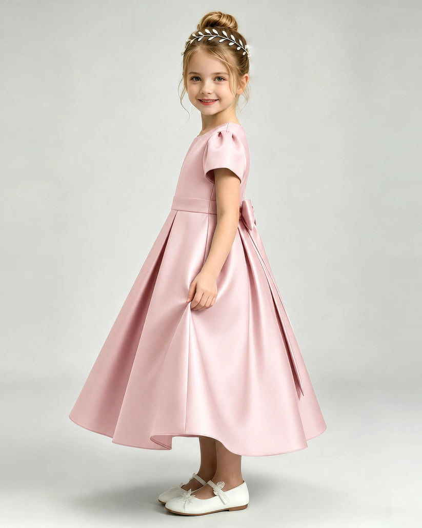 Blush Pink Satin A-line Flower Girl Dress Side View