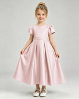 Blush Pink Satin A-line Flower Girl Dress Front View
