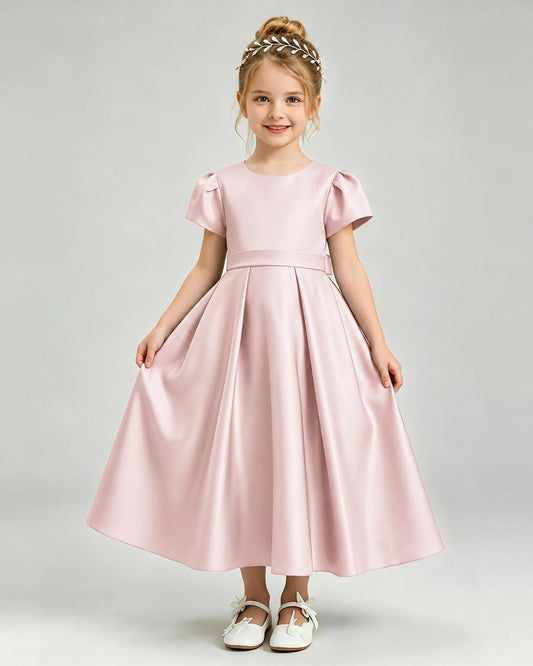 Blush Pink Satin A-line Flower Girl Dress Front View