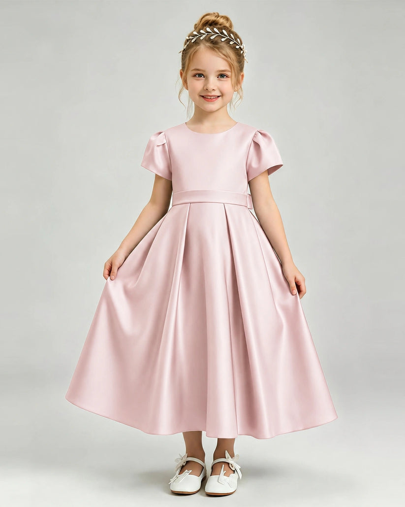 Blush Pink Satin A-line Flower Girl Dress Front View