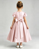 Blush Pink Satin A-line Flower Girl Dress Back View