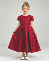 Burgundy Satin A-line Flower Girl Dress Front View