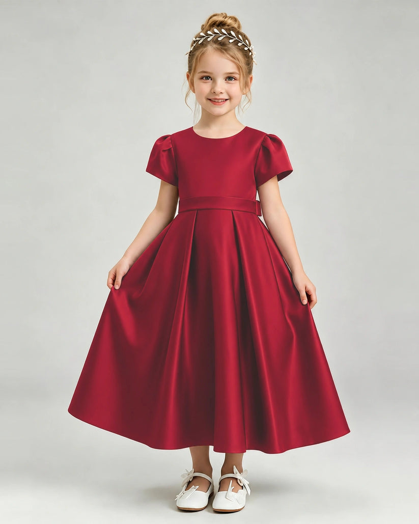 Burgundy Satin A-line Flower Girl Dress Front View