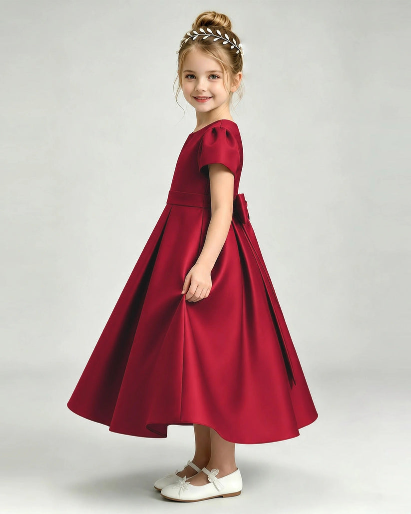 Burgundy Satin A-line Flower Girl Dress Side View