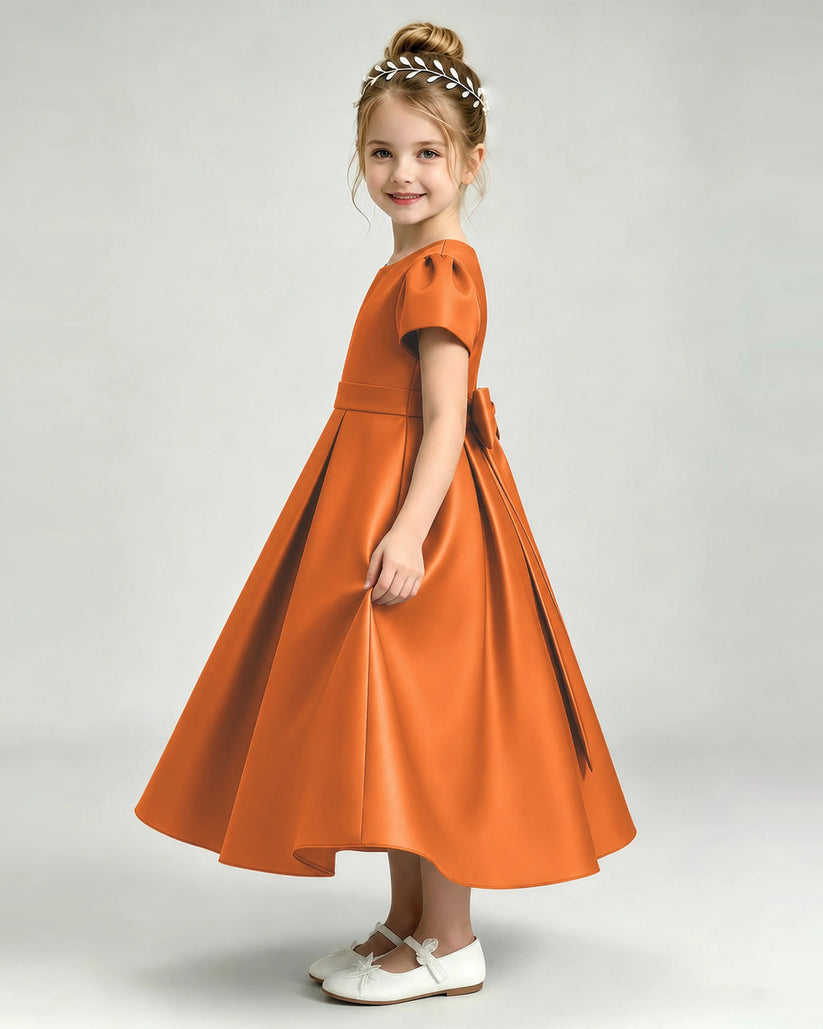 Burnt Orange Satin A-line Flower Girl Dress Side View