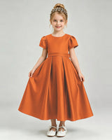 Burnt Orange Satin A-line Flower Girl Dress Front View