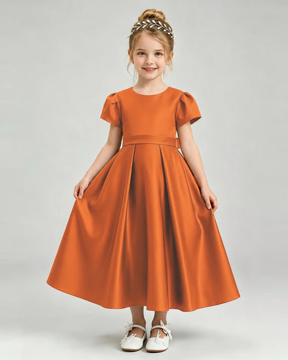 Burnt Orange Flower Girl Dress Puff Sleeve Satin Bow A-Line Midi Gown Front View