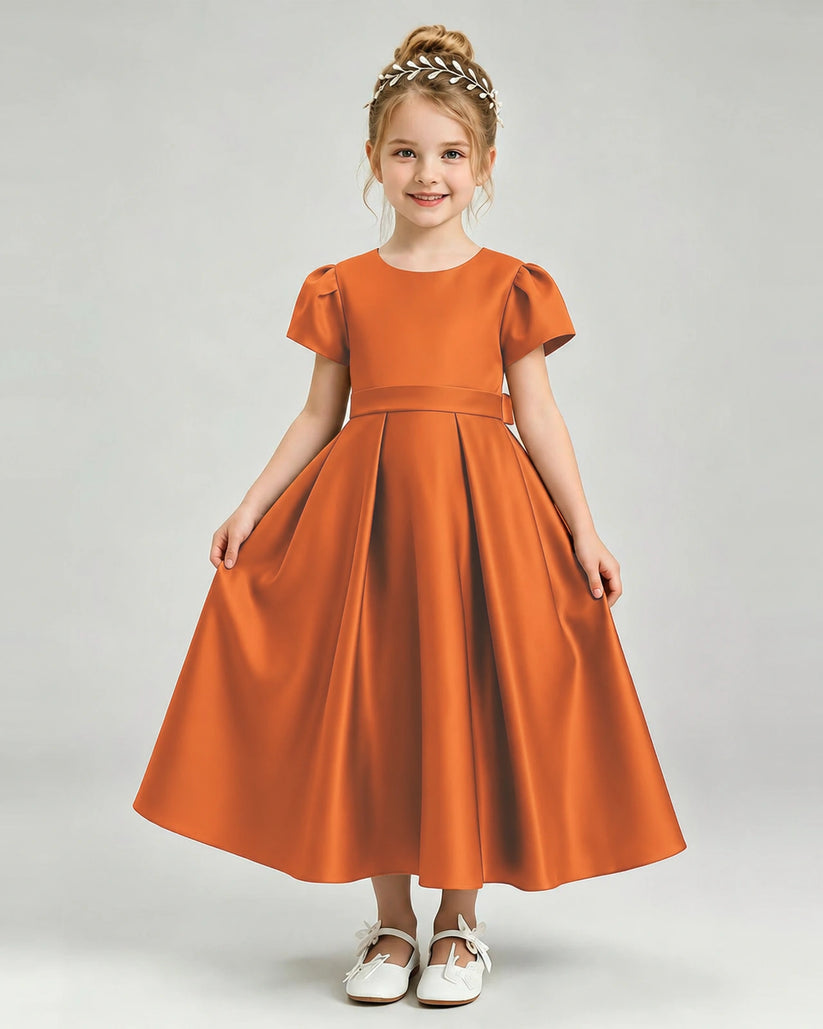 Burnt Orange Satin A-line Flower Girl Dress Front View