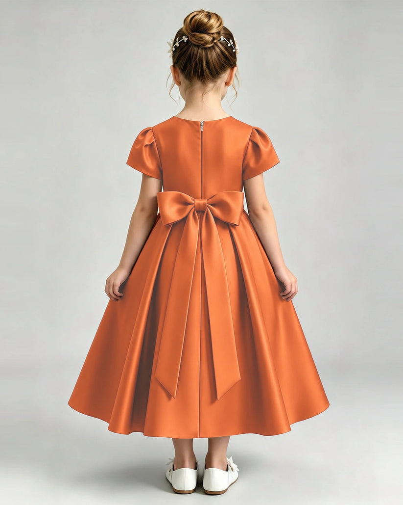 Burnt Orange Satin A-line Flower Girl Dress Back View
