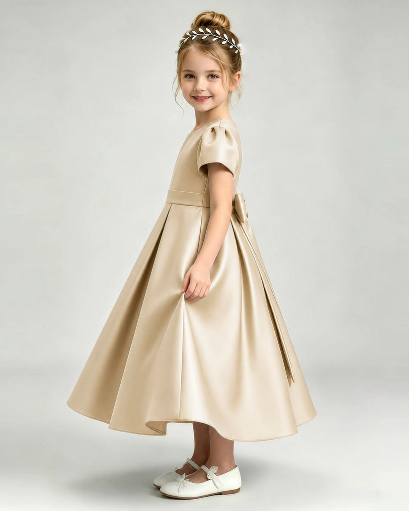 Champagne Satin A-line Flower Girl Dress Side View