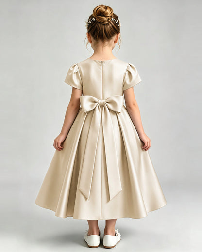 Champagne Flower Girl Dress Puff Sleeve Satin Bow A-Line Midi Gown Back View