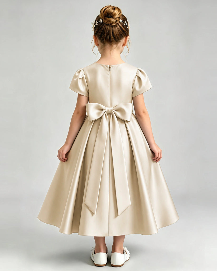 Champagne Satin A-line Flower Girl Dress Back View