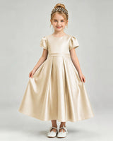 Champagne Satin A-line Flower Girl Dress Front View