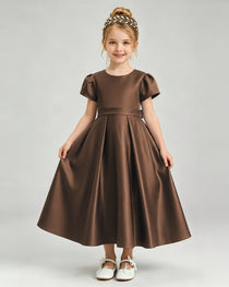 Chocolate Flower Girl Dress Puff Sleeve Satin Bow A-Line Midi Gown Front View