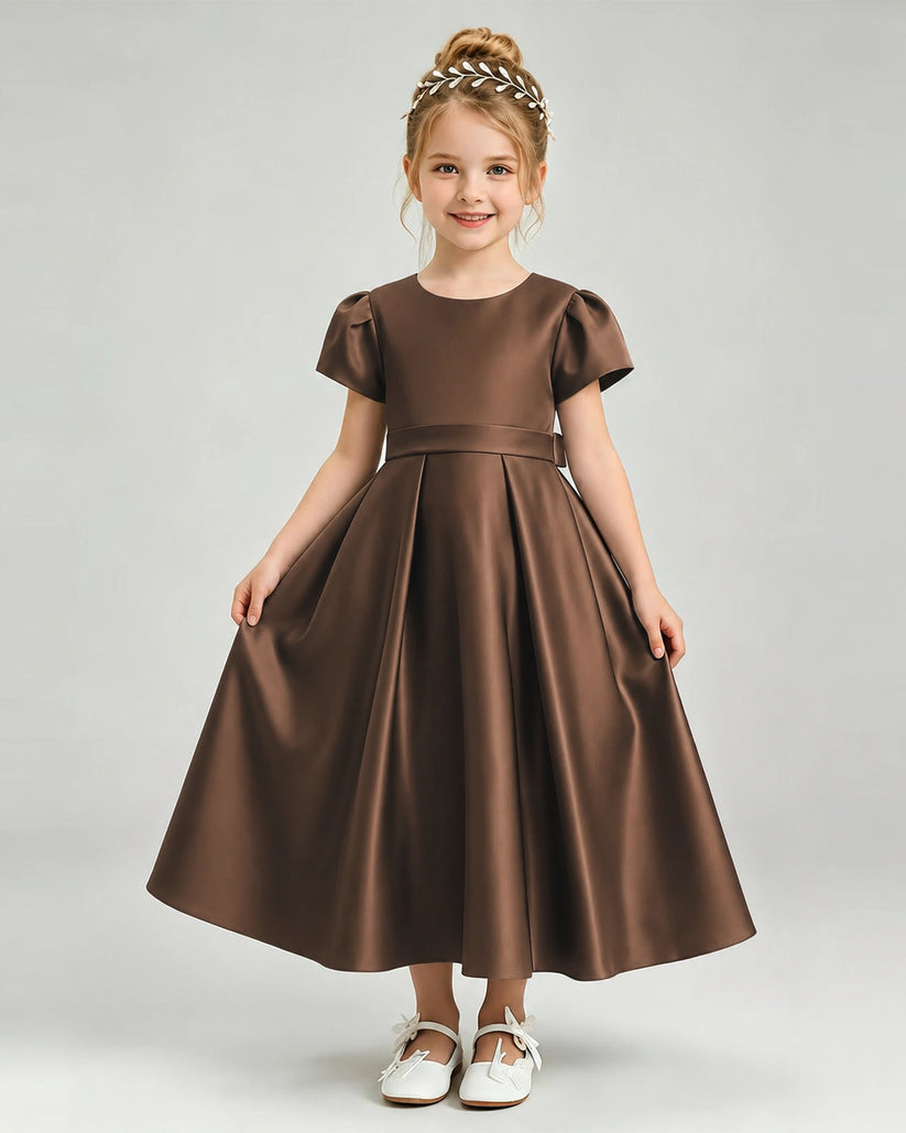 Chocolate Satin A-line Flower Girl Dress Front View
