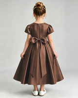 Chocolate Satin A-line Flower Girl Dress Back View