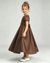 Chocolate Flower Girl Dress Puff Sleeve Satin Bow A-Line Midi Gown Side View