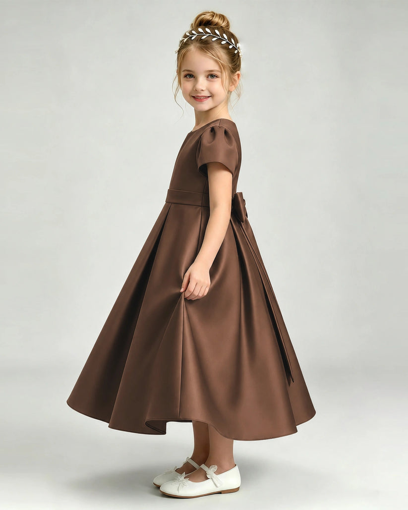 Chocolate Satin A-line Flower Girl Dress Side View