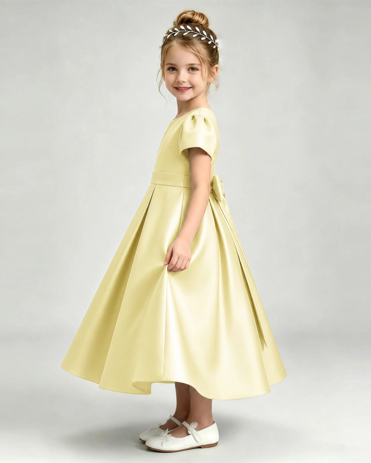 Daffodil Flower Girl Dress Puff Sleeve Satin Bow A-Line Midi Gown Side View