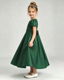 Dark Green Flower Girl Dress Puff Sleeve Satin Bow A-Line Midi Gown Side View