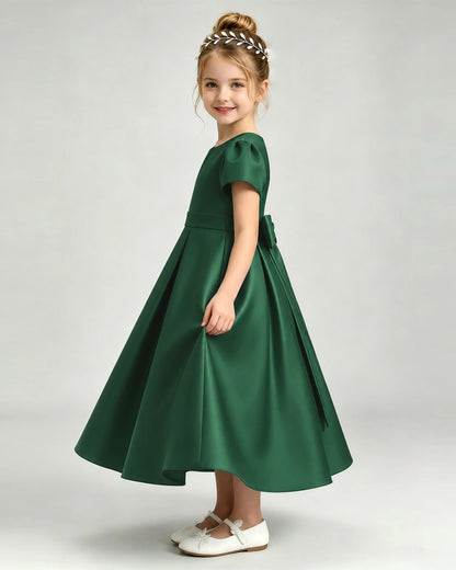 Dark Green Flower Girl Dress Puff Sleeve Satin Bow A-Line Midi Gown Side View
