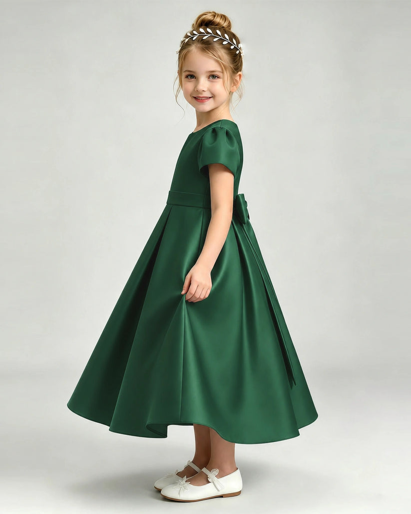 Dark Green Satin A-line Flower Girl Dress Side View