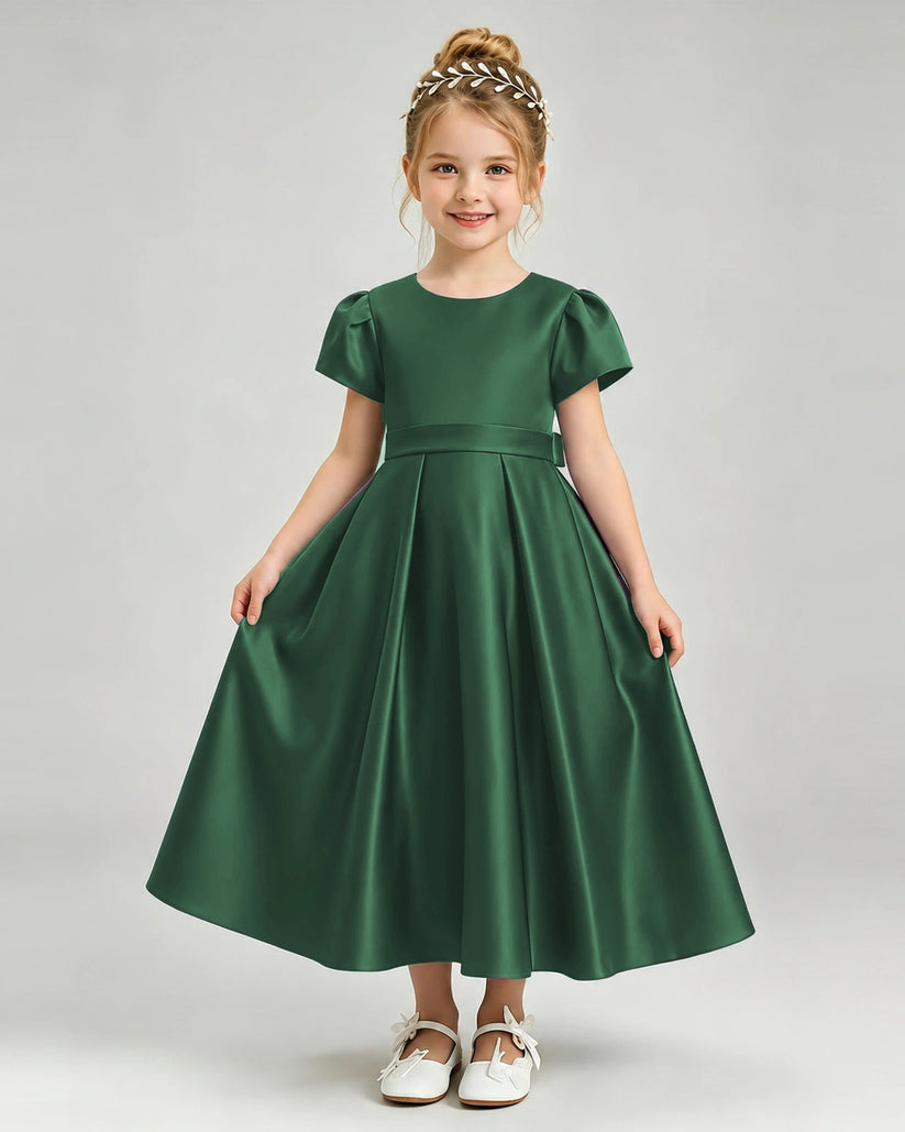 Dark Green Satin A-line Flower Girl Dress Front View