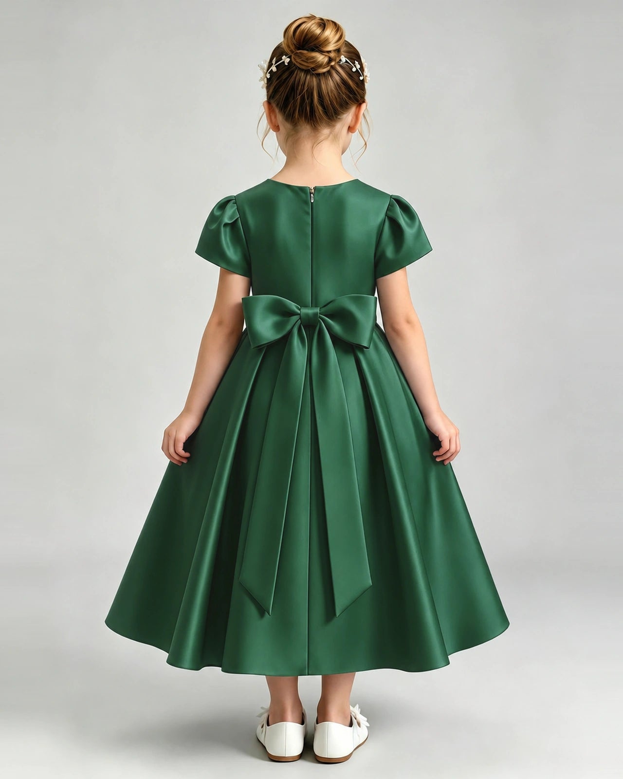 Dark Green Flower Girl Dress Puff Sleeve Satin Bow A-Line Midi Gown Back View