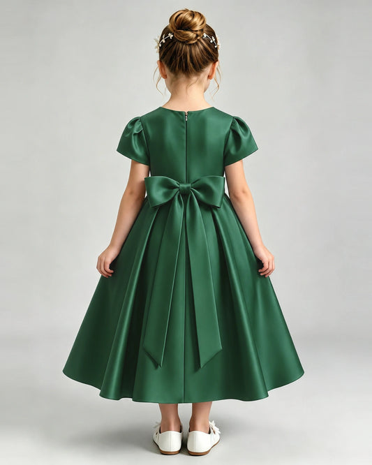 Dark Green Satin A-line Flower Girl Dress Back View