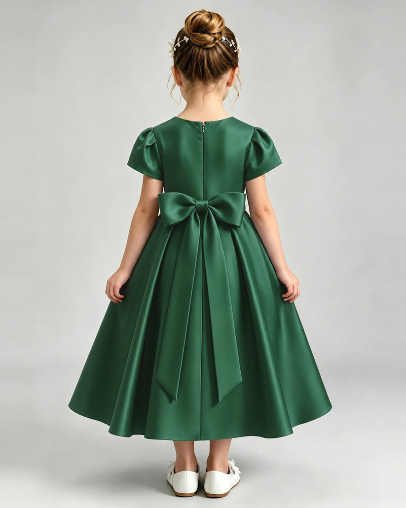 Dark Green Satin A-line Flower Girl Dress Back View